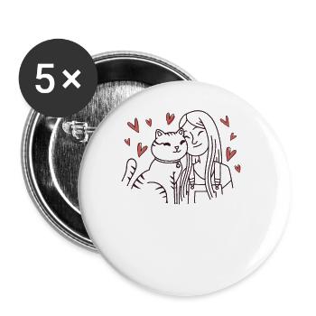 Chat avec fille pour les amoureux des chats Cœurs Amour - Lot de 5 grands badges (56 mm) - blanc - Devant
