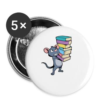 Cartoon Maus mit Bücherstapel - Leseratte - Buttons groß 56 mm (5er Pack) - Weiß - Vorne