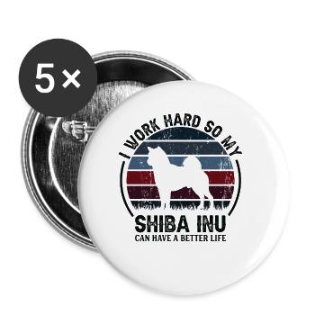 Work Hard - Retro Shiba Inu - Buttons large 2.2''/56 mm (5-pack) - white - Front