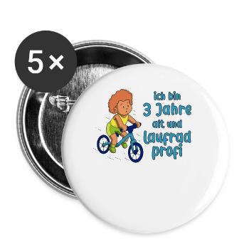 Junge 3 Jahre alt und Profi auf dem Laufrad - Buttons groß 56 mm (5er Pack) - Weiß - Vorne