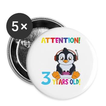 Penguin Attention I Am Now 3 Years Old - Buttons large 2.2''/56 mm (5-pack) - white - Front