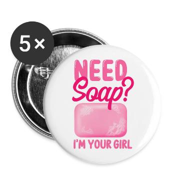 Fabrication de savon Artisanat Besoin de savon? - Lot de 5 grands badges (56 mm) - blanc - Devant