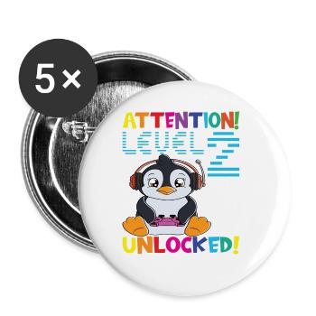 Attention Niveau 2 Anniversaire débloqué - Lot de 5 grands badges (56 mm) - blanc - Devant
