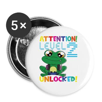 Attention Niveau 2 Anniversaire débloqué - Lot de 5 grands badges (56 mm) - blanc - Devant