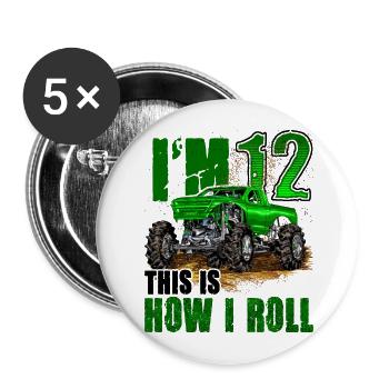 12e anniversaire Monster Truck pour garçons et filles 12 - Lot de 5 grands badges (56 mm) - blanc - Devant
