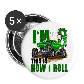 3ème anniversaire Monster Truck pour garçons et filles 3 ans - Lot de 5 grands badges (56 mm) - blanc - Devant
