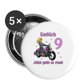 Geburtstagsshirt Motorrad - 9 Geburtstag Mädchen - Buttons groß 56 mm (5er Pack) - Weiß - Vorne