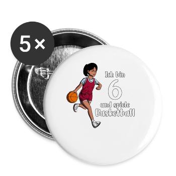 Mädchen spielt Basketball - Ich bin 6 Jahre - Buttons groß 56 mm (5er Pack) - Weiß - Vorne