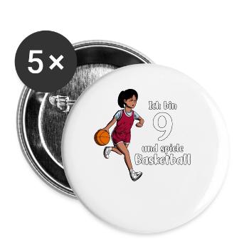 Mädchen spielt Basketball - Ich bin 9 Jahre - Buttons groß 56 mm (5er Pack) - Weiß - Vorne