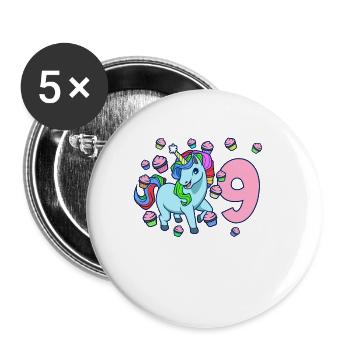 Mit Einhorn - Mädchen Geburtstag 9 Jahre - Buttons groß 56 mm (5er Pack) - Weiß - Vorne