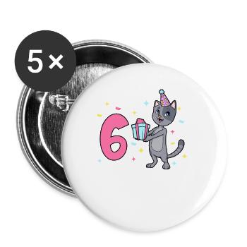 Mit Katze - Mädchen Geburtstag 6 Jahre - Buttons groß 56 mm (5er Pack) - Weiß - Vorne