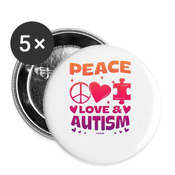 Frieden Liebe und Autismus - Buttons groß 56 mm (5er Pack) - Weiß - Vorne