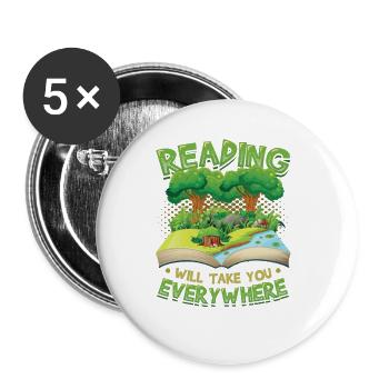 Reading takes you everywhere, reading a book. - Buttons large 2.2''/56 mm (5-pack) - white - Front