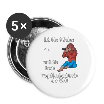 Ich bin 9 - Mädchen Vogelbeobachtung - Buttons groß 56 mm (5er Pack) - Weiß - Vorne