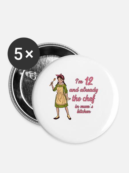 Ich bin 12 - Mädchen Koch - Buttons groß 56 mm (5er Pack) - Weiß