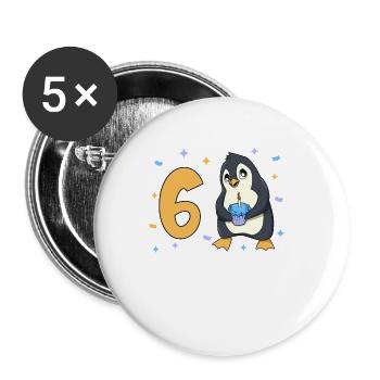Mit Pinguin - Kinder Geburtstag 6 Jahre - Buttons groß 56 mm (5er Pack) - Weiß - Vorne