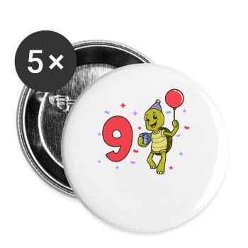 Mit Schildkröte - Kinder Geburtstag 9 Jahre - Buttons groß 56 mm (5er Pack) - Weiß - Vorne