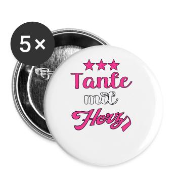 Tante mit Herz. Tante - Buttons groß 56 mm (5er Pack) - Weiß - Vorne