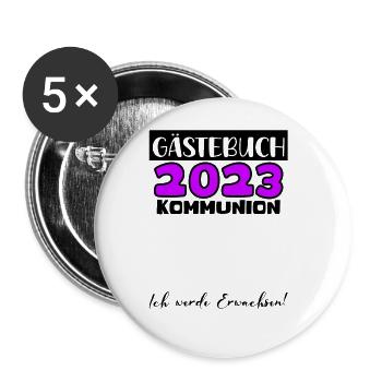 2023 Kommunion Gästebuch Mädchen Jungen Geschenk - Buttons groß 56 mm (5er Pack) - Weiß - Vorne