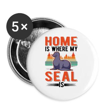 Zuhause ist wo meine Robbe ist Seehund Seelöwe - Buttons groß 56 mm (5er Pack) - Weiß - Vorne