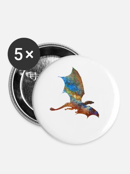 Farbiger Drache - Buttons groß 56 mm (5er Pack) - Weiß