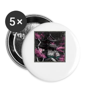 Vintage Japanische Sakura Kirschblüten Tempel - Buttons groß 56 mm (5er Pack) - Weiß - Vorne