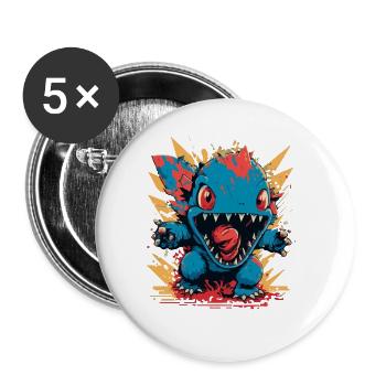Monster Crash - Cooles Blaues Dinosaurier Monster - Buttons groß 56 mm (5er Pack) - Weiß - Vorne