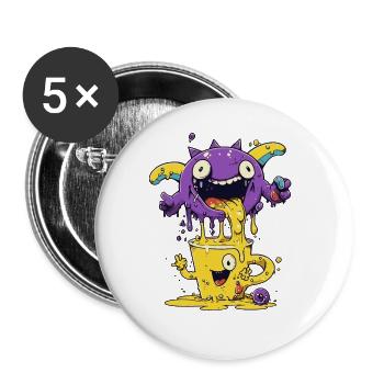 Monster Crash - Lila Monster und gelbe Tasse - Buttons groß 56 mm (5er Pack) - Weiß - Vorne