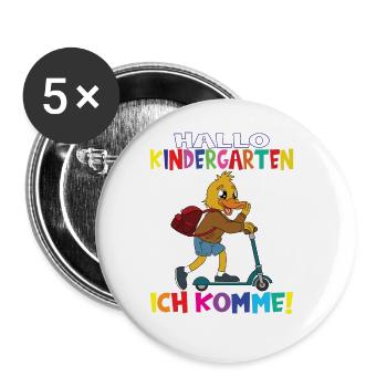 Kindergartenkind Hallo Kindergarten Ich Komme - Buttons groß 56 mm (5er Pack) - Weiß - Vorne