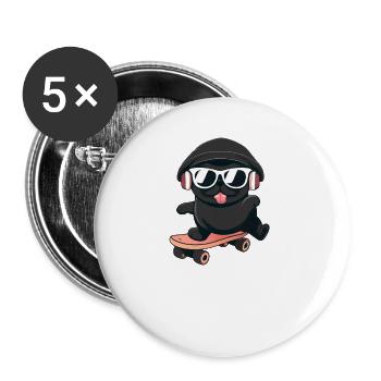Hund Mops auf Skateboard - Buttons groß 56 mm (5er Pack) - Weiß - Vorne