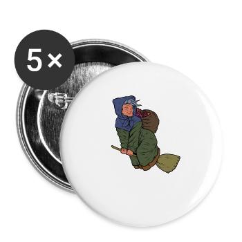 Mit Weihnachtsgeschenken auf Besen - Befana - Buttons groß 56 mm (5er Pack) - Weiß - Vorne