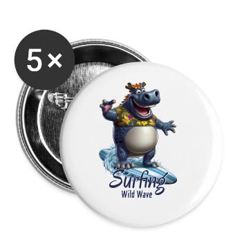 Funny hippopotamus with a surfboard - surfer - Buttons large 2.2''/56 mm (5-pack) - white - Front