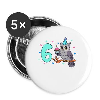 Mit Eule - Kinder Geburtstag 6 Jahre - Buttons groß 56 mm (5er Pack) - Weiß - Vorne