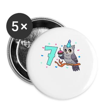 Mit Eule - Kinder Geburtstag 7 Jahre - Buttons groß 56 mm (5er Pack) - Weiß - Vorne