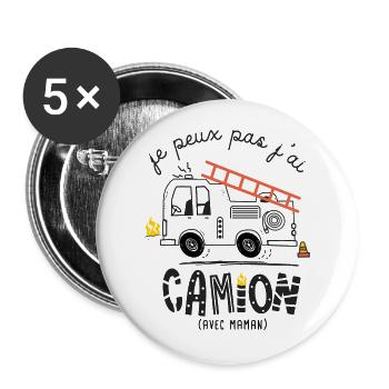Je peux pas j ai Camion humour naissance ponpier - Lot de 5 grands badges (56 mm) - blanc - Devant