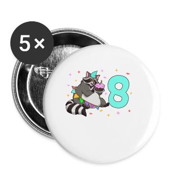 Mit Waschbär - Kinder Geburtstag 8 Jahre - Buttons groß 56 mm (5er Pack) - Weiß - Vorne