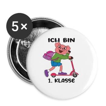 Ich Bin 1 Klasse Einschulung Schulanfang - Buttons groß 56 mm (5er Pack) - Weiß - Vorne