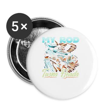My Hot Rod Turns Heads, Retro Muscle Car Hot Rod - Buttons groß 56 mm (5er Pack) - Weiß - Vorne