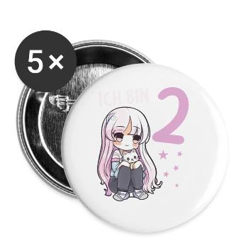 2 Jahre Mädchen Anime Kawaii Katze 2. Geburtstag - Buttons groß 56 mm (5er Pack) - Weiß - Vorne