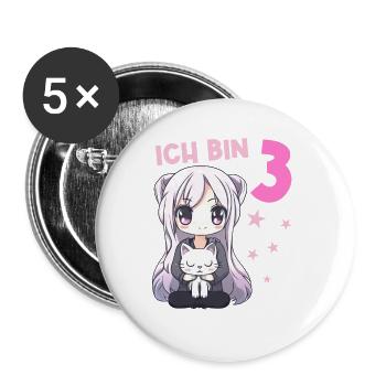 3 Jahre Mädchen Anime Kawaii Katze 3. Geburtstag - Buttons groß 56 mm (5er Pack) - Weiß - Vorne