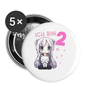 2 Jahre Mädchen Anime Kawaii Katze 2. Geburtstag - Buttons groß 56 mm (5er Pack) - Weiß - Vorne
