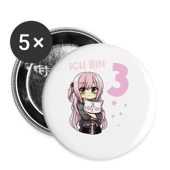 3 Jahre Mädchen Anime Kawaii Katze 3. Geburtstag - Buttons groß 56 mm (5er Pack) - Weiß - Vorne