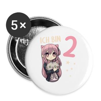 2 Jahre Mädchen Anime Kawaii Katze 2. Geburtstag - Buttons groß 56 mm (5er Pack) - Weiß - Vorne