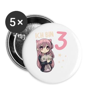 3 Jahre Mädchen Anime Kawaii Katze 3. Geburtstag - Buttons groß 56 mm (5er Pack) - Weiß - Vorne