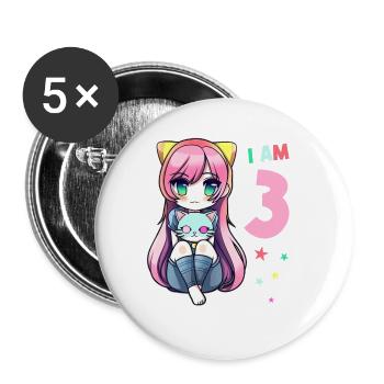 3 Jahre Mädchen Anime Kawaii Katze 3. Geburtstag - Buttons groß 56 mm (5er Pack) - Weiß - Vorne