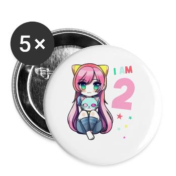 2 Jahre Mädchen Anime Kawaii Katze 2. Geburtstag - Buttons groß 56 mm (5er Pack) - Weiß - Vorne
