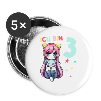 3 Jahre Mädchen Anime Kawaii Katze 3. Geburtstag - Buttons groß 56 mm (5er Pack) - Weiß - Vorne