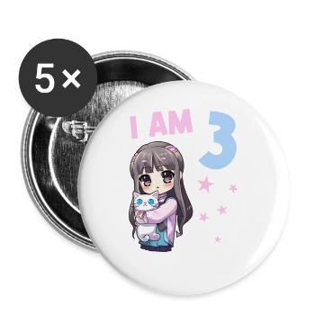 3 Jahre Mädchen Anime Kawaii Katze 3. Geburtstag - Buttons groß 56 mm (5er Pack) - Weiß - Vorne