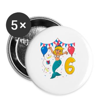 Mit Meerjungfrau - Mädchen Geburtstag 6 Jahre - Buttons groß 56 mm (5er Pack) - Weiß - Vorne