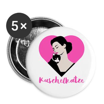 Kuschel Katze mit Herz Pink für tierliebe Frauen - Buttons groß 56 mm (5er Pack) - Weiß - Vorne